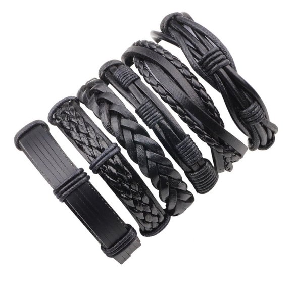 6pcs Men's Multilayer Leather Bracelet (Black) - Picture 2 of 5